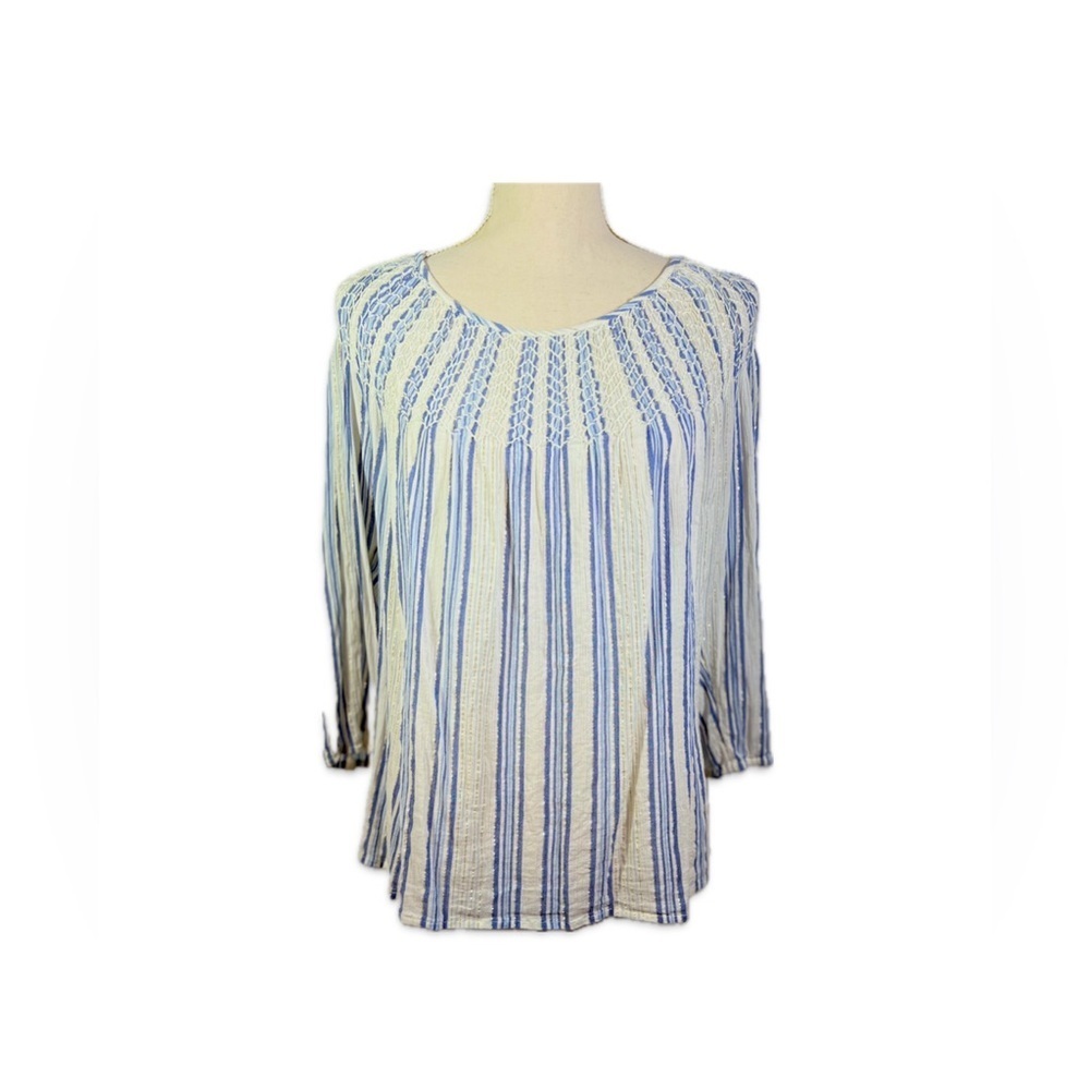 J.Jill White Blue Striped Smocked Blouse M Gold Lurex Boho Coastal Chic